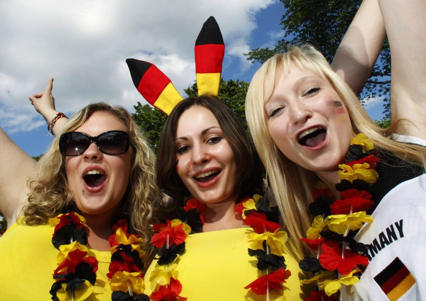 Supporters of the German soccer team pose during the live broadcast of the Women's World Cup soccer match between Germany and Canada in Frankfurt