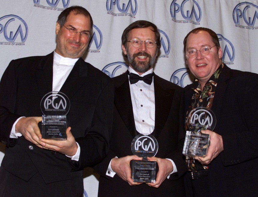 File photo of Jobs posing with Catmull and Lasseter in Los Angeles