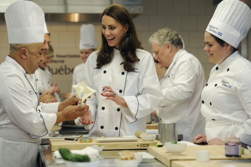 Catherine, Duchess of Cambridge takes part in a cooking workshop at the Institut de tourise et d'hotellerie du Quebec in Montreal