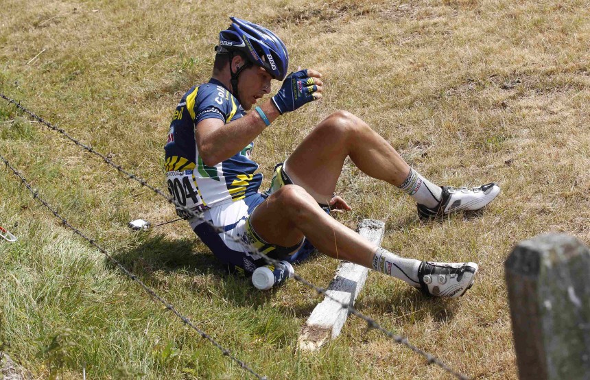Vacansoleil-DCM rider Hoogerland of Netherlands is seen after crashing during the ninth stage of the Tour de France 2011 cycling race