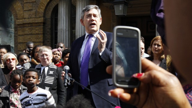 File photo shows Britain's Prime Minister Gordon Brown speaking outside Wesley's Chapel in London