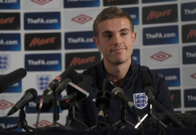 England's Jordan Henderson attends a news conference at the team hotel in Watford