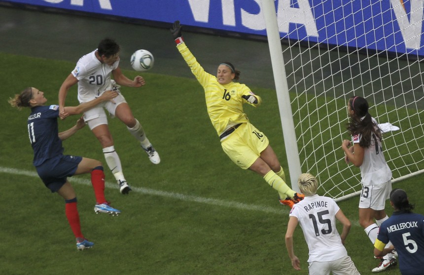 Wambach of the U.S. scores a goal during the Women's World Cup semi-final soccer match against France in Monchengladbach