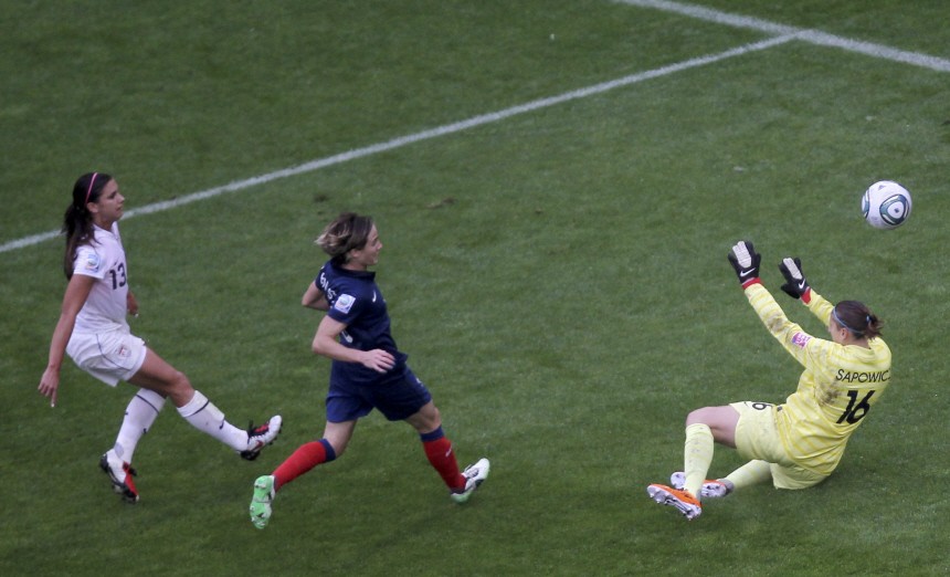 Morgan of the U.S. scores a goal during the Women's World Cup semi-final soccer match against France in Monchengladbach