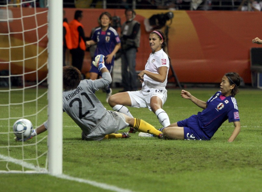 Morgan of the U.S. attempts to score against Japan's goalkeeper Kaihori during their Women's World Cup final soccer match in Frankfurt