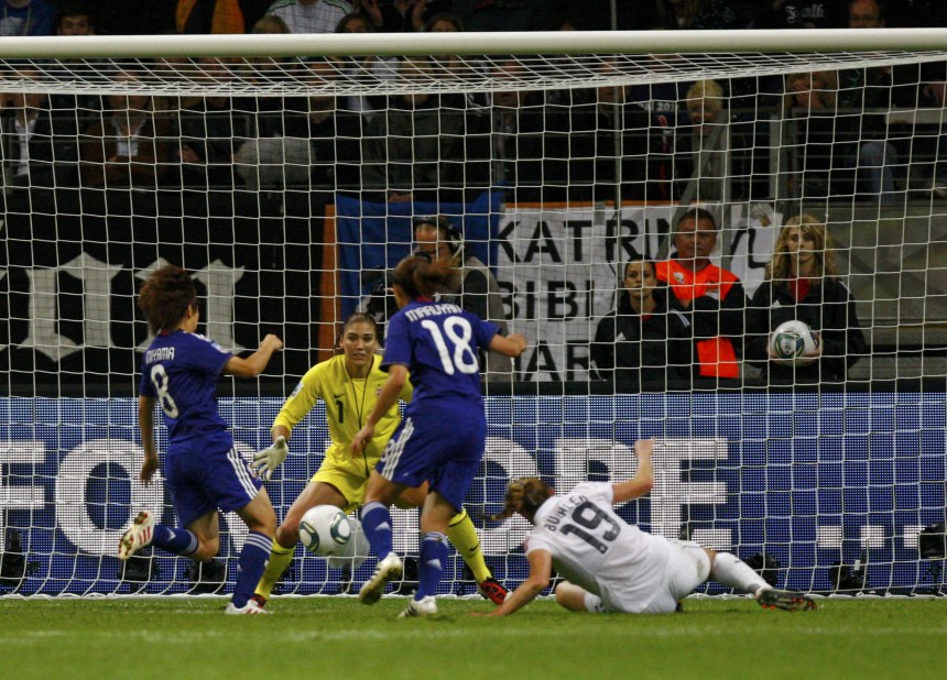 Japan's Miyama scores a goal against the U.S. during their Women's World Cup final soccer match in Frankfurt