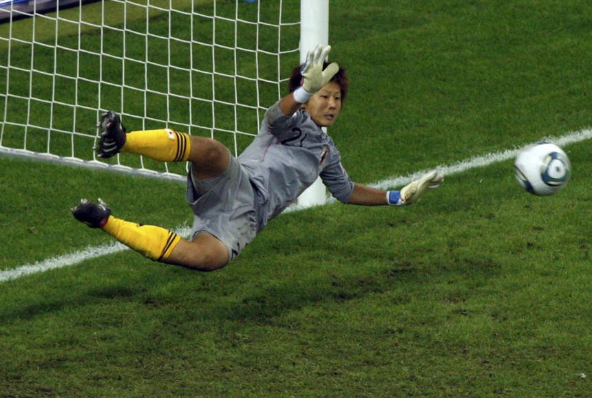Japan's goalkeeper Kaihori makes a save during penalty shootout during the game against the U.S. at their Women's World Cup final soccer match in Frankfurt
