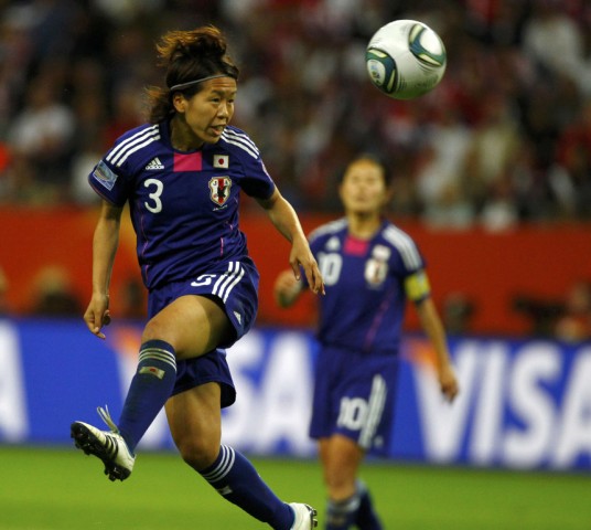 Morgan of the U.S. attempts to score against Japan's goalkeeper Kaihori during their Women's World Cup final soccer match in Frankfurt