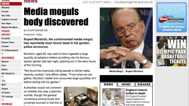 Cyber-Attacke auf Murdoch-Blatt: Der Screenshot zeigt die Internetseite von The Sun, auf der Hacker eine Falschmeldung zum angeblichen Tod Murdochs platziert haben.