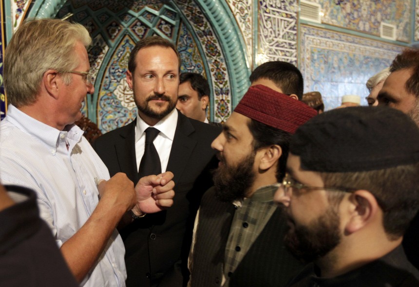 Norway's Crown Prince Haakon leaves the World Islamic Mission Mosque in Oslo