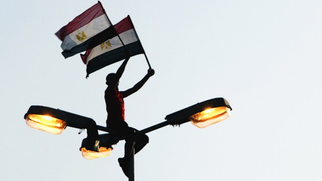 A protester waves the Egyptian flags while sitting on top of an electrical pole in Tahrir square in Cairo