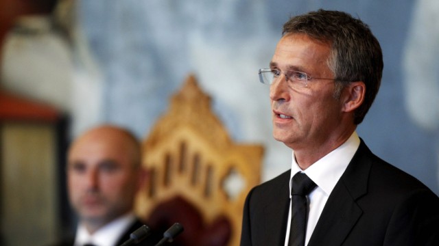 Norway's Prime Minister Jens Stoltenberg speaks at the Norwegian parliament in Oslo during a commemoration ceremony