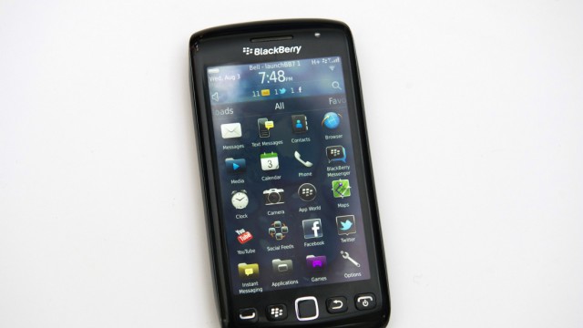A Blackberry Torch 9860 is displayed at a release party to promote the BlackBerry OS 7 devices in Toronto