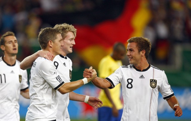 Germany's Schweinsteiger celebrates his goal during their friendly soccer match against Brazil in Stuttgart