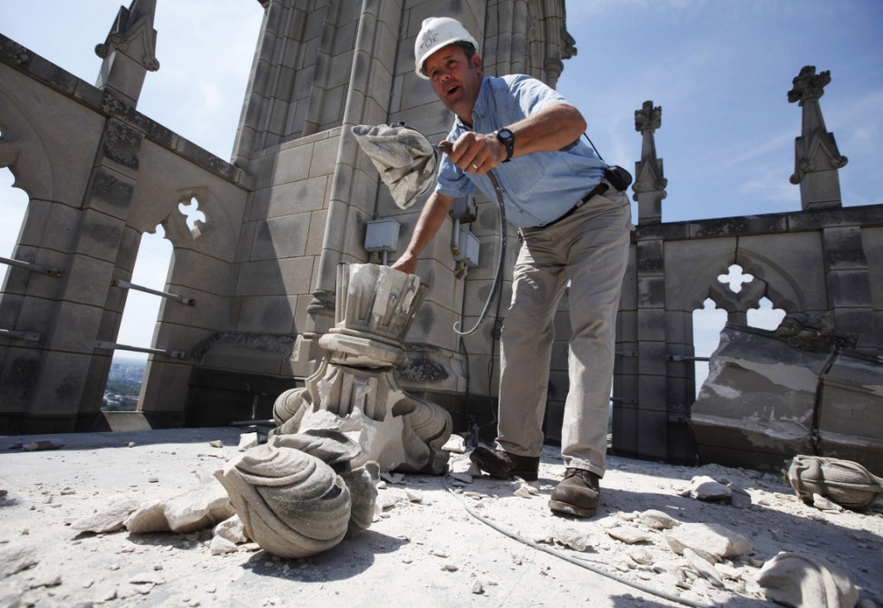 The chief mason at Washington's National Cathedral attempts to piece together the fallen pieces from a stone spire that collapsed during an earthquake