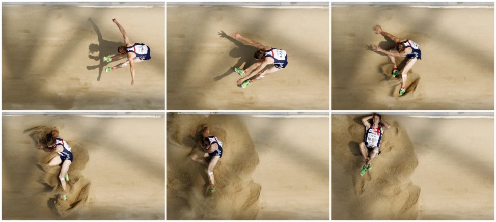 A combination of pictues show Christopher Tomlinson of Britain during men's long jump qualifying event at the IAAF World Championships in Daegu