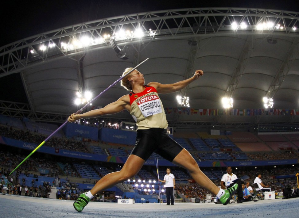 Obergfoll of Germany competes during the women's javelin throw final at the IAAF World Championships in Daegu