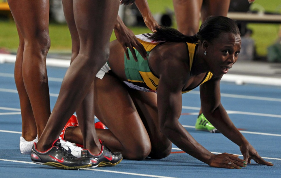 Campbell-Brown of Jamaica reacts after winning the women's 200 metres final at the IAAF World Championships in Daegu