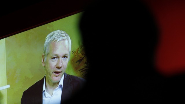 WikiLeaks founder Assange delivers keynote speech via video link to audience at Media Week congress at IFA electronics fair in Berlin