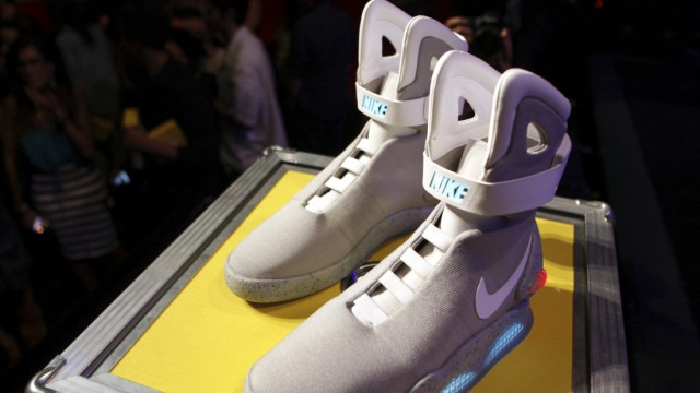 A pair of 2011 NIKE MAG shoes is displayed during its unveiling at The Montalban Theatre in Hollywood, California