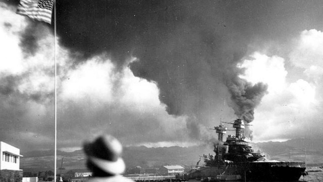 DAMAGED USS CALIFORNIA BLAZES IN PEARL HARBOR IN 1941