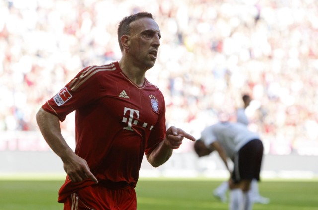 Bayern Munich's Ribery celebrates goal during German Bundesliga soccer match against Freiburg in Munich