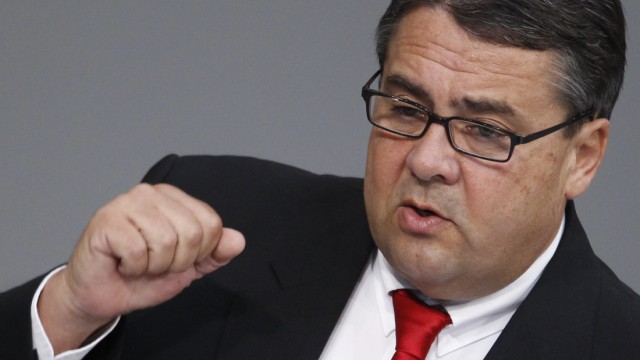 SPD leader Gabriel speaks during debate about European stabilisation mechanism in Bundestag in Berlin