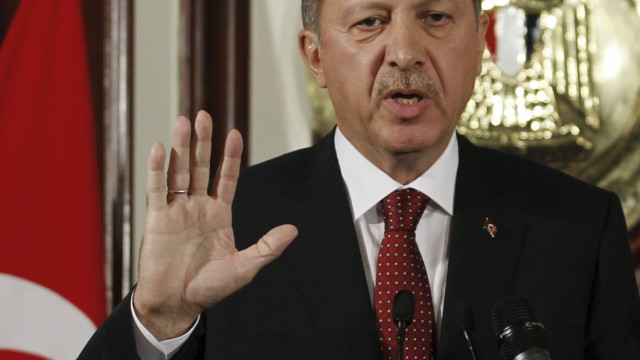 Turkey's Prime Minister Recep Tayyip Erdogan speaks during a news conference in Cairo