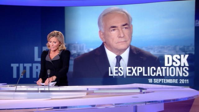 Video grab of Dominique Strauss-Kahn, former IMF chief, on prime time news programme with anchor Claire Chazal in Boulogne-Billancourt
