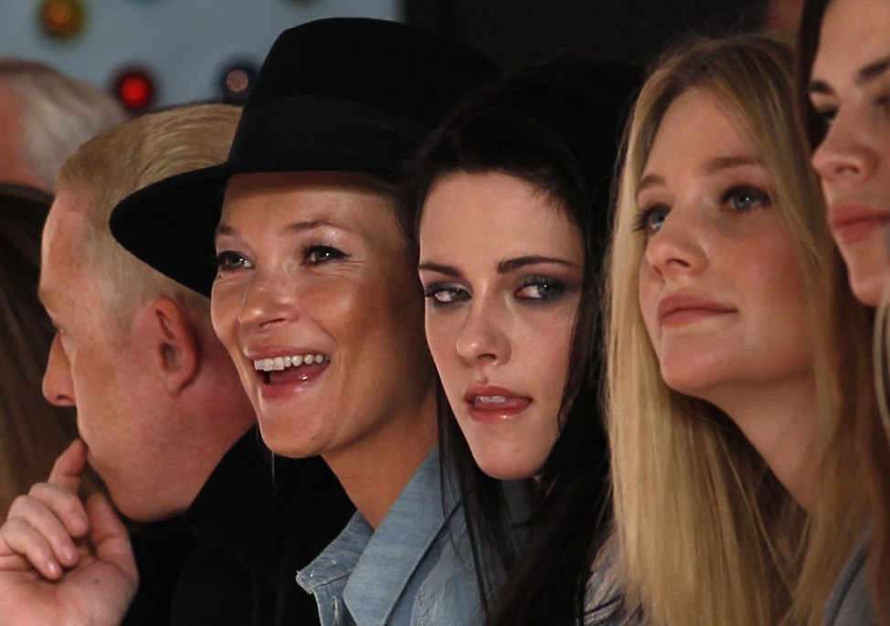 Model Moss, actresses Stewart and Garai watch the presentation of the Mulberry 2012 Spring/Summer collection during London Fashion Week