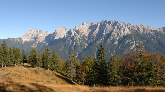 Bergtouren nahe München: Hier grün, dort grau: Blick vom Kranzberg auf das Karwendel