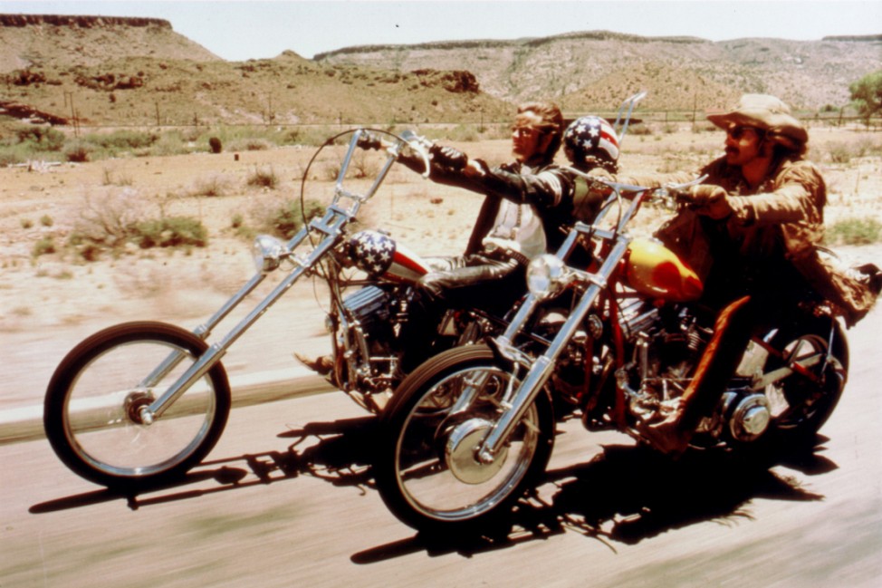 Actors Peter Fonda and Dennis Hopper are shown in this undated publicity photograph, in a scene from their 1969 film 'Easy Rider'.