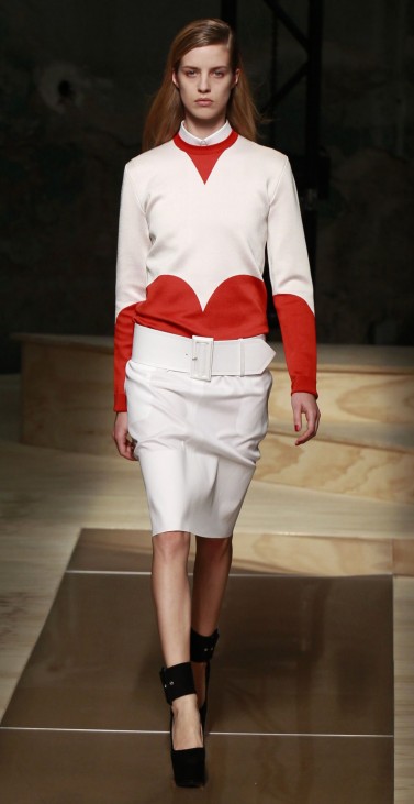 A model presents a creation by British designer Phoebe Philo for fashion house Celine as part of their Spring/Summer 2012 women's ready-to-wear fashion collection in Paris