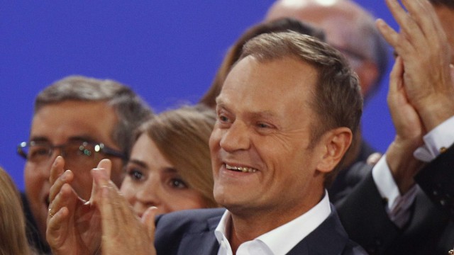 PM Tusk reacts after the election results announcement in Warsaw