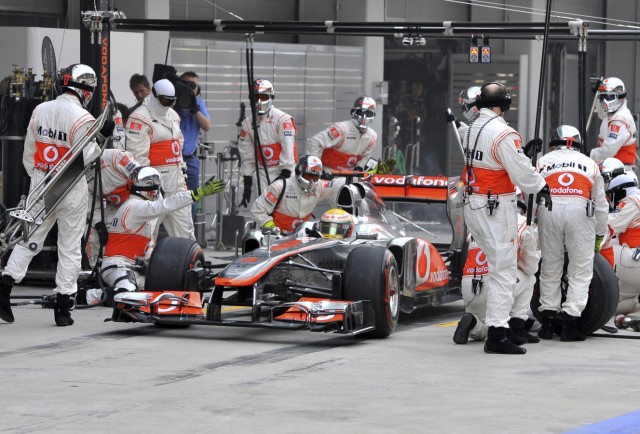 McLaren Formula One driver Lewis Hamilton of Britain makes a pit stop during the South Korean F1 Grand Prix at the Korea International Circuit in Yeongam