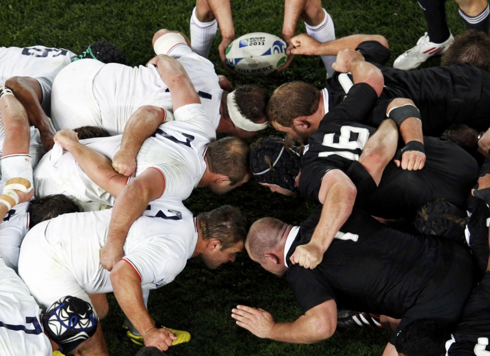 France and New Zealand All Blacks forwards contest a scrum during their Rugby World Cup final match at Eden Park in Auckland