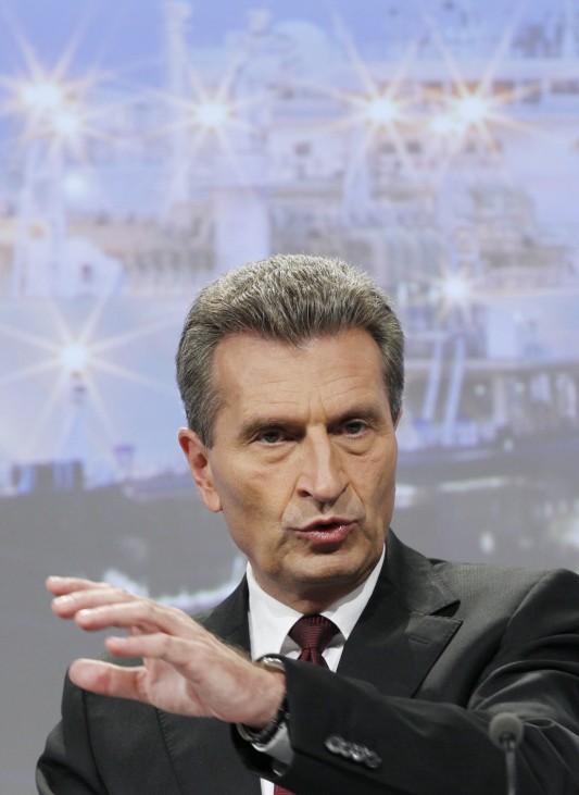 European Energy Commissioner Guenther Oettinger addresses a news conference on the security of energy supply and international cooperation in Brussels