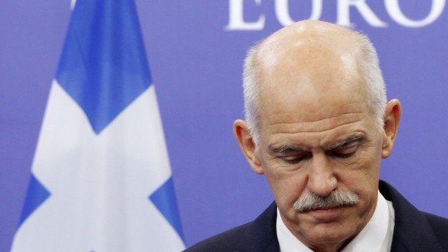 File photo shows Greece's Prime Minister Papandreou briefing the media after a meeting with European Council President Van Rompuy in Brussels