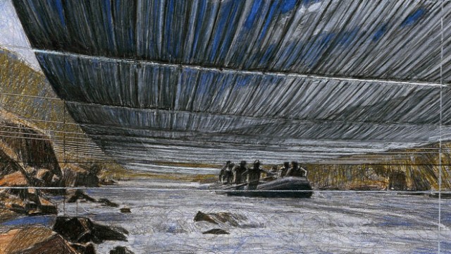 US-Behörde genehmigt Projekt: So soll es aussehen: Entwurfszeichnung von Christo, die für das Projekt "Over the River" werben soll.