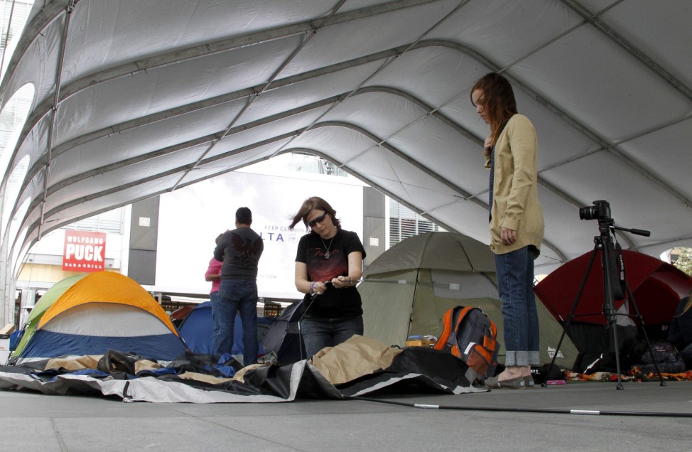 Fans set up their tent as they prepare to camp out to await the premiere 'The Twilight Saga: Breaking Dawn - Part 1' in downtown Los Angeles