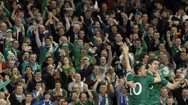 Ireland's Ward celebrates with Keane after scoring against Estonia during their Euro 2012 playoff soccer match at the Aviva Stadium in Dublin