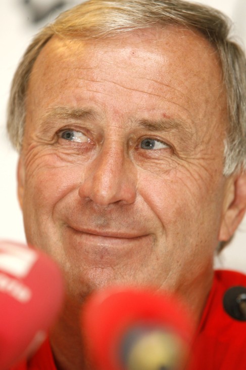 Austrian national soccer team coach Josef Hickersberger addresses a news conference in Graz
