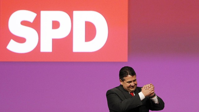 Leader of the Social Democratic Party (SPD) Sigmar Gabriel gestures after his speech at a SPD party convention in Berlin