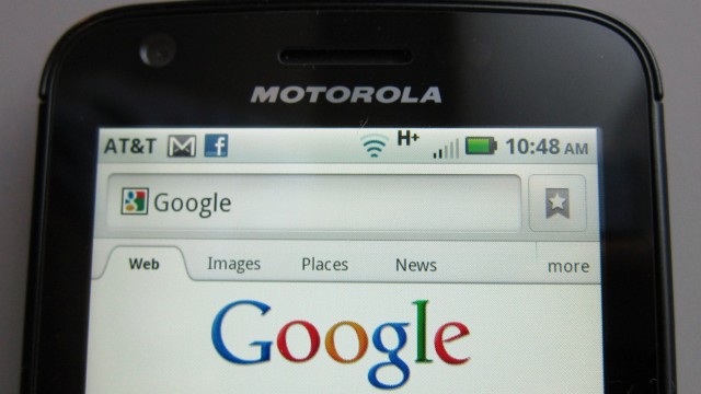 A Motorola Droid phone is seen displaying the Google search page in New York