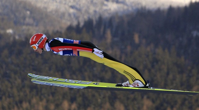 Germany's Freitag soars through the air during the ski jumping World Cup event in Harrachov
