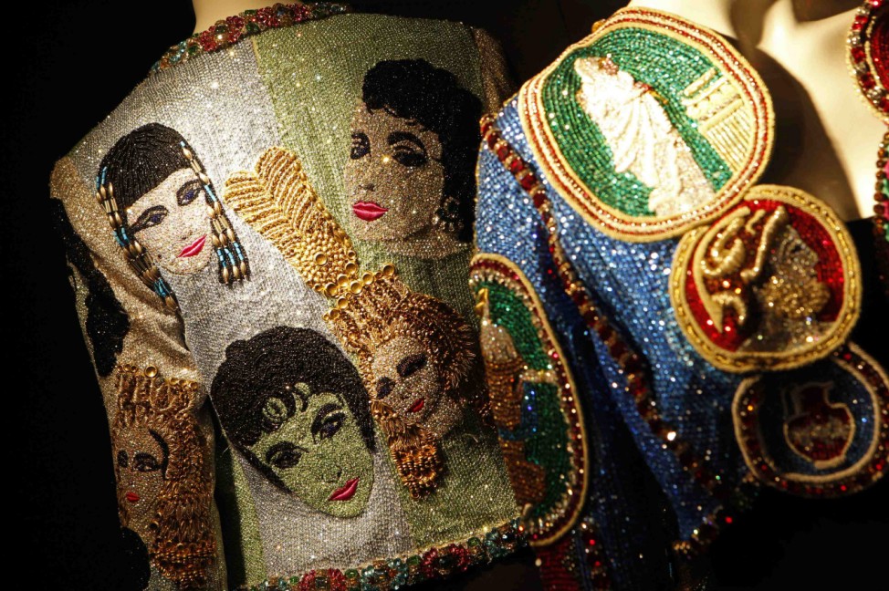 Versace Beaded Evening jacket 'The Face' labeled 'Atelier Versace seen on display as part of the upcoming Elizabeth Taylor auction in New York