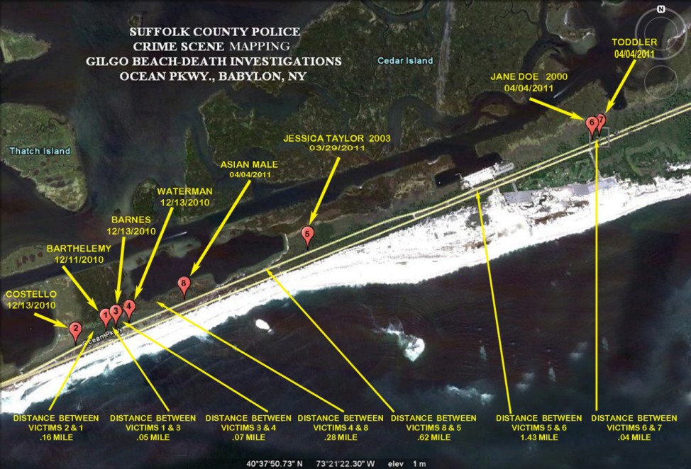 Suffolk County Police image shows the locations where eight of 10 bodies were found near Gilgo Beach since December 2010