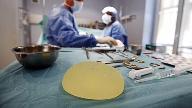 A defective silicone gel breast implant manufactured by French company Poly Implant Prothese is seen  after being removed from a patient in a clinic in Nice
