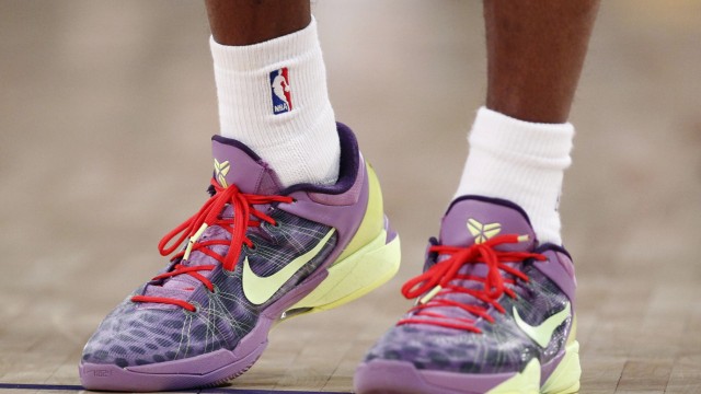 A new color of the Nike Zoom Kobe VII shoes are seen worn by Los Angeles Lakers' Kobe Bryant as he plays against the Chicago Bulls during the second half of an NBA basketball game in Los Angeles