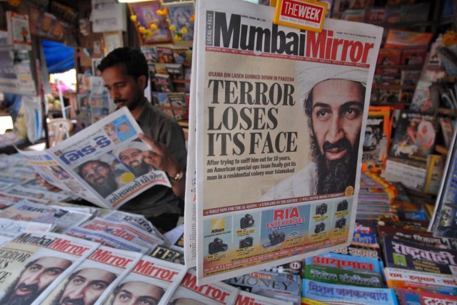 Newspapers carrying front-page news of the death of Al-Qaeda lead